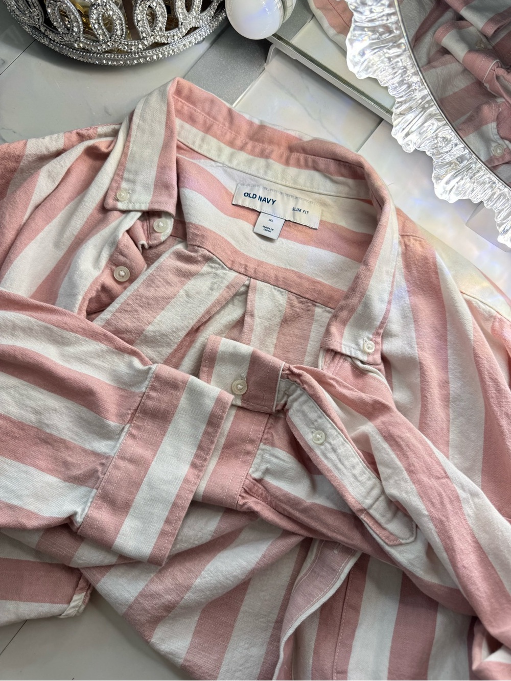 Old Navy Pink and White Striped Button-Down Shirt